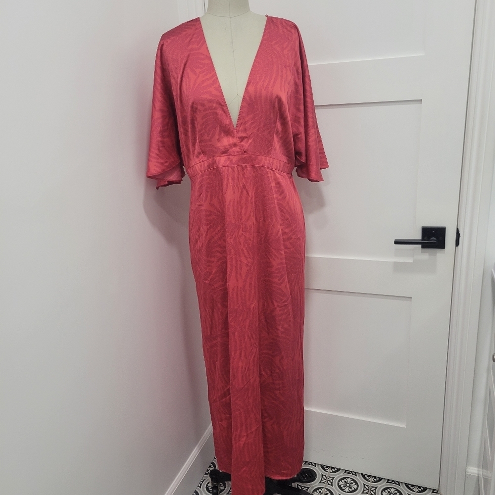 Fe Noel Women's FlutterSleeve Maxi Dress Contrast Palm Print Fuschia Red Size 12